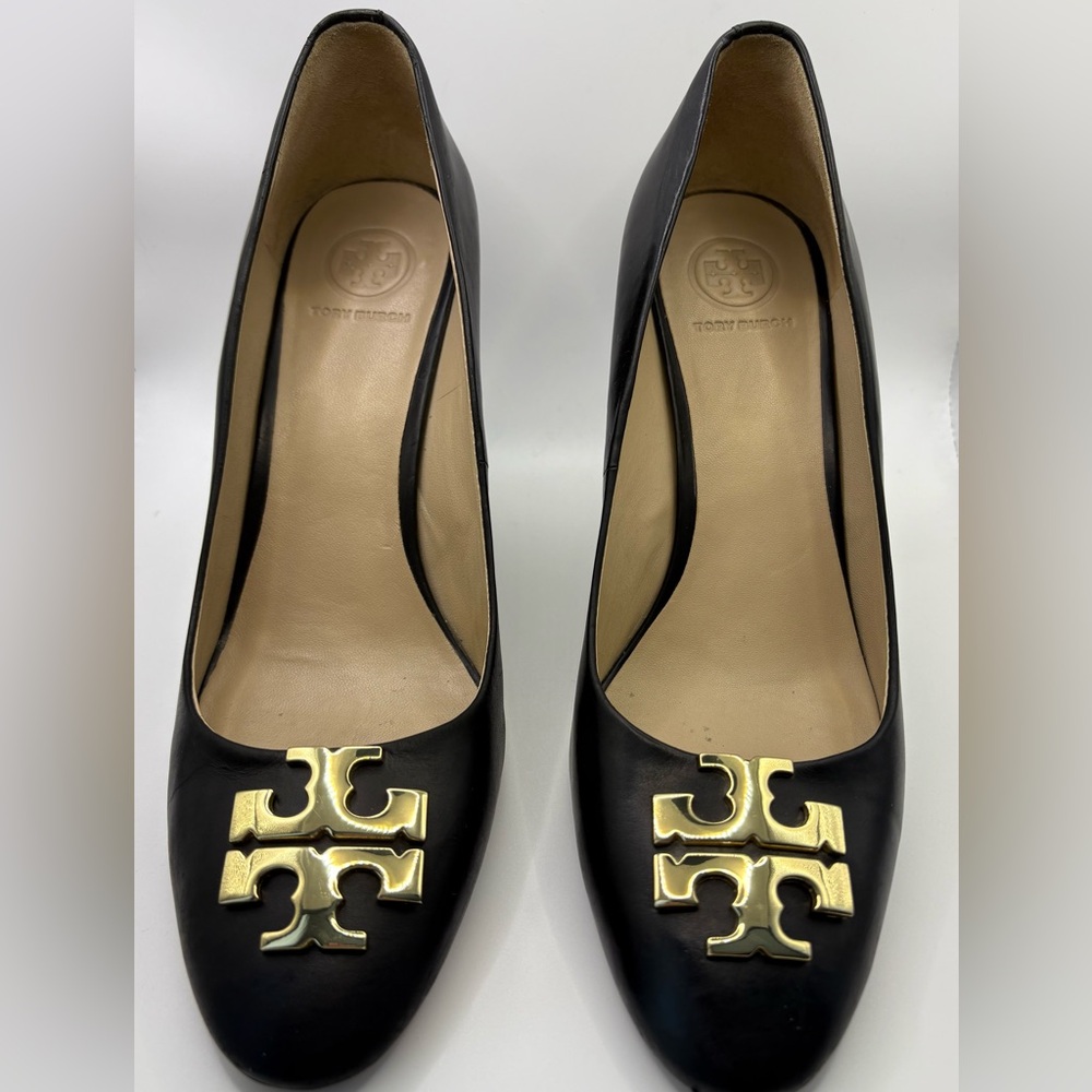 EUC Tory Burch Raleigh Wedge Black Heels with Gold Logo - Picture 7 of 10